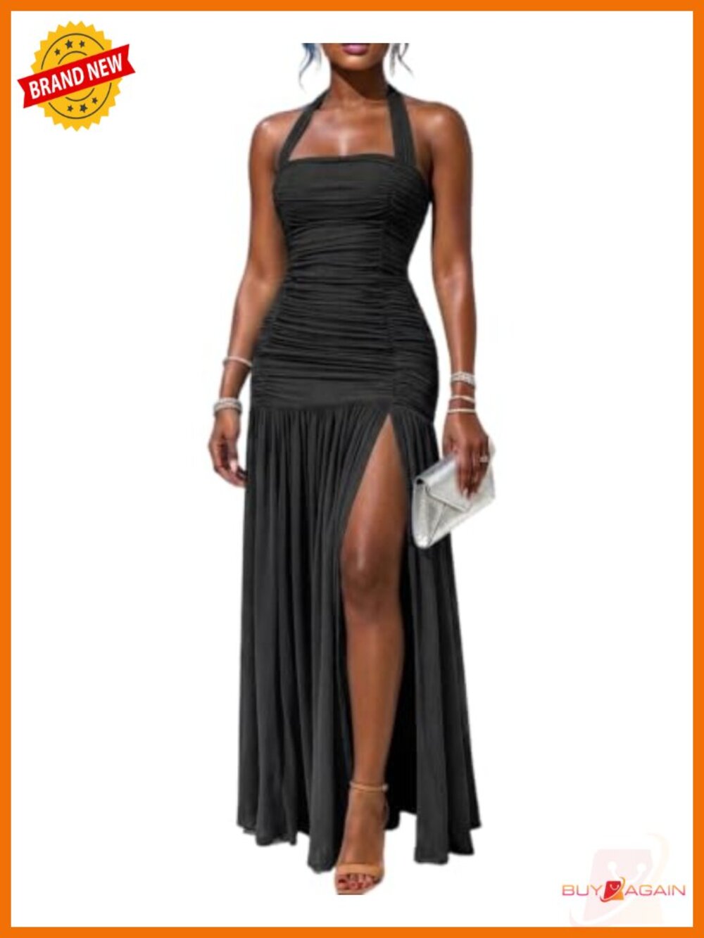 Halter Maxi Dress Sleeveless Backless Ruched Mesh Slit Mermaid Bodycon
